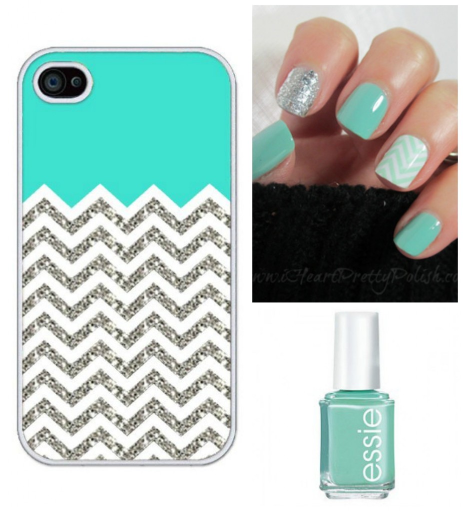 Turquoise and chevron nails and case