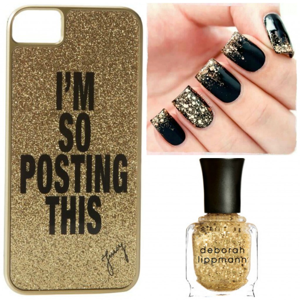 black and glitter nails and phone case