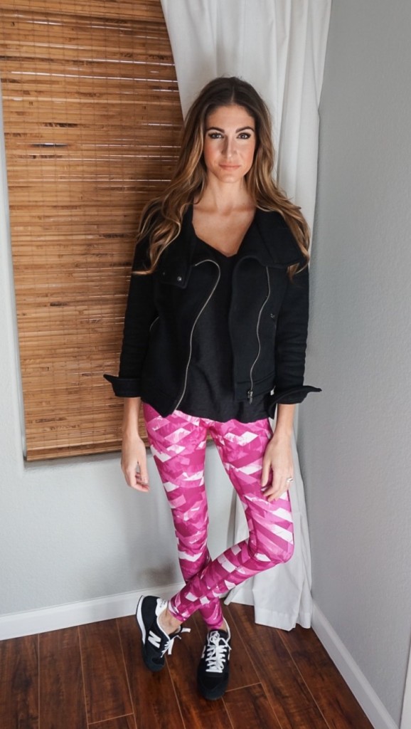 Moto jacket with printed leggings and tennis shoes for a sporty look